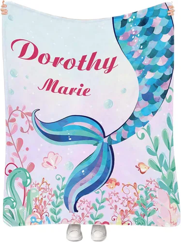 Miniatura 25 de Manta personalizada de sirena para niñas, manta de envoltura personalizada con nombre, manta de forro polar suave para niños recién nacidos, manta
