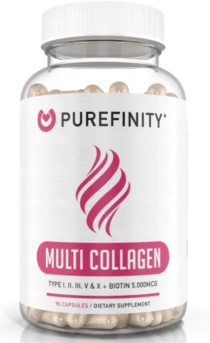 PUREFINITY Péptidos de colágeno para mujeres, tipo I, II, III, V y X con biotina y ácido hialurónico, apoya la piel, huesos, cabello y uñas