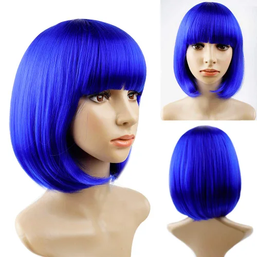Miniatura 4 de Peluca azul Bob con flequillo de 12 pulgadas, peluca azul real corta de fibra sintética Bob para mujer, pelucas cortas Bob y peluca de cosplay