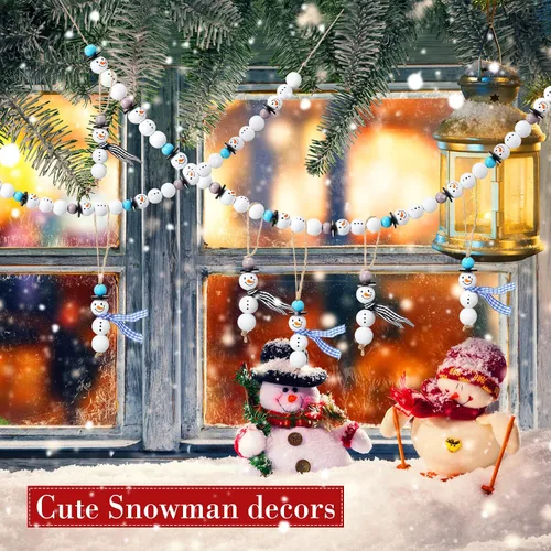 Miniatura 5 de 180 piezas de cuentas de madera de muñeco de nieve de Navidad con estampado de tartán de búfalo de Navidad, cuentas de madera redondas de invierno