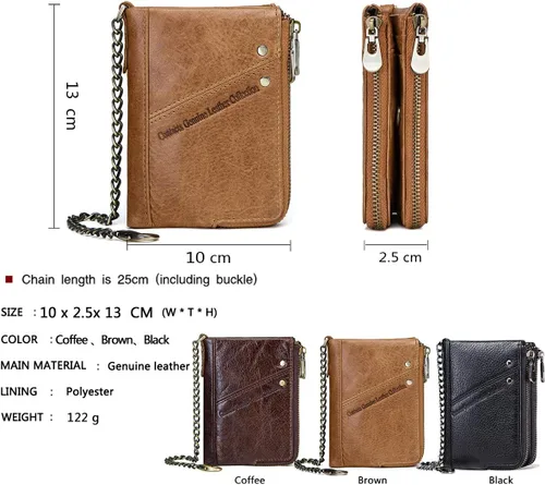 Miniatura 3 de Contacts RFID - Monedero con doble cremallera para hombre (piel, con cadena antirrobo), Marrón, talla única