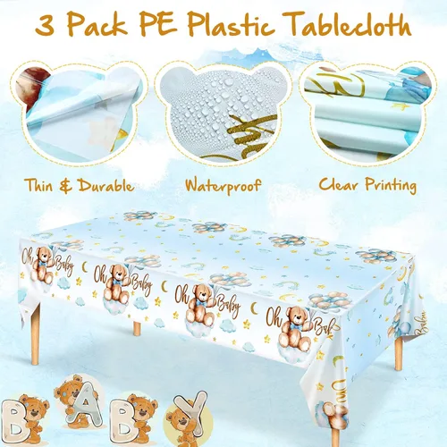 Miniatura 3 de Tatuo Paquete de 3 manteles rectangulares de plástico con diseño de oso para baby shower, para niños y niñas, revelación de género, cumpleaños, baby