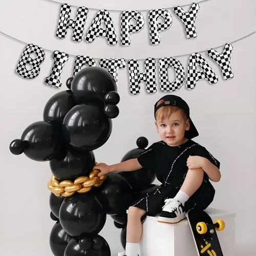 Miniatura 6 de Decoraciones de fiesta de cumpleaños de coche de carreras, pancarta de globos de feliz cumpleaños a cuadros en blanco y negro
