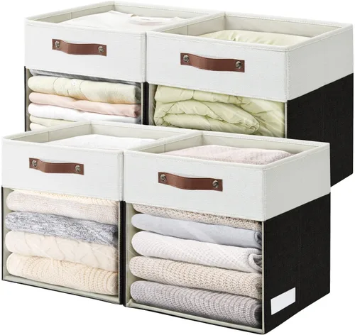 Miniatura 16 de Bagnizer Cubos de Almacenamiento, Paquete de 4 Contenedores de Almacenamiento Plegables de Lino (13 x 13 pulgadas) con Ventana Transparente y Asas