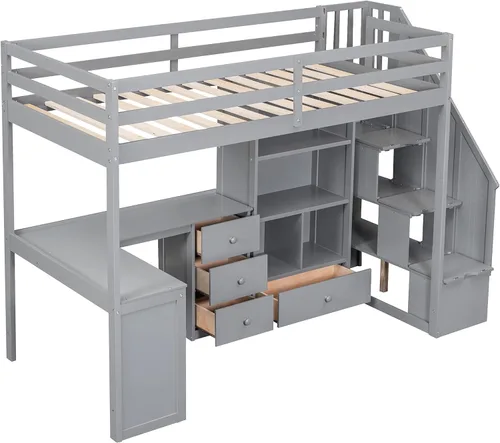 Miniatura 7 de Cama tipo loft de tamaño individual con escritorio en forma de L y 3 cajones, marco de cama de madera con escalera y armario de almacenamiento