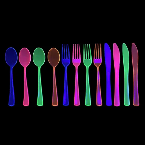 Miniatura 5 de Party Essentials Paquete combinado de cubiertos de plástico duro de alta resistencia, 96 piezas/32 lugares, varios brillantes neón
