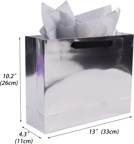 Miniatura 2 de Lyforpyton Bolsas de regalo grandes con papel de seda de 13 x 4.3 x 10.2 pulgadas, bolsas de regalo plateadas para el día del padre, fiesta