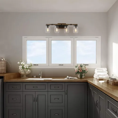 Miniatura 4 de LOG BARN Lámpara de tocador de baño rústica con vidrio Mason Jar Glass, apliques de pared de 4 luces, acabado de madera sintética, 29 pulgadas