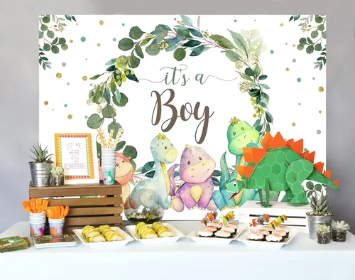 Miniatura 2 de Decoraciones de dinosaurio para baby shower para niño, telón de fondo de dibujos animados, cactus y hojas de eucalipto, fondo de fotografía