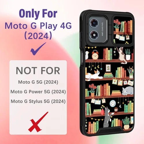 Miniatura 2 de Funermei Funda para Moto G Play 4G 2024 – Funda para teléfono para mujeres y niñas, diseño único de gato y libros, diseño único con funda