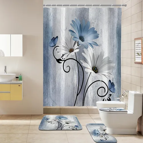 Miniatura 8 de Onalasyc Juego de 4 Piezas de Cortinas de Ducha con Flores de Margaritas Azules y Plantas, Cortina de Ducha y Alfombra y Accesorios, Juego