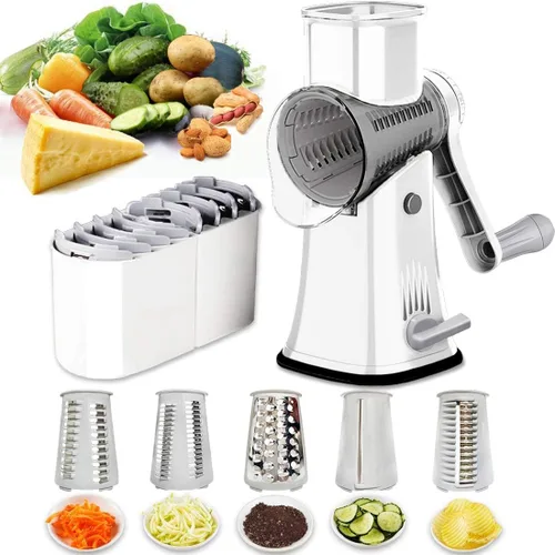Miniatura 11 de Rallador de queso giratorio manual, 5 cuchillas intercambiables, mandolina redonda, trituradora de verduras, trituradora de tambor, picadora de Verde