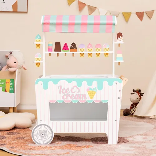 Miniatura 9 de Costzon Juego de Carrito de Helados, Tienda de Comestibles de Madera con Estante de Exhibición y Repisas, Compartimento Congelador, 2 Ruedas