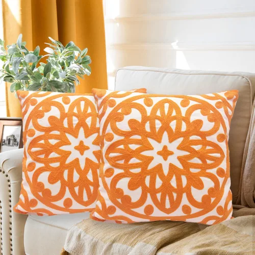 Miniatura 3 de Alysheer Juego de 2 fundas de almohada decorativas bordadas de 18 x 18 pulgadas, patrón clásico de punto de mandala bohemio, 100% lona de algodón