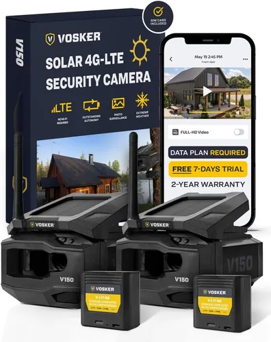 Vosker V150 Paquete Doble Cámara de Seguridad para Exteriores a Energía Solar LTE Celular | Cámara Inalámbrica de Captura de Fotos Activada por