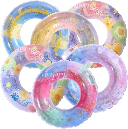 Miniatura 7 de Zhanmai 6 unidades de flotadores inflables de piscina con purpurina, anillo de natación transparente, para despedida de soltera, tubo
