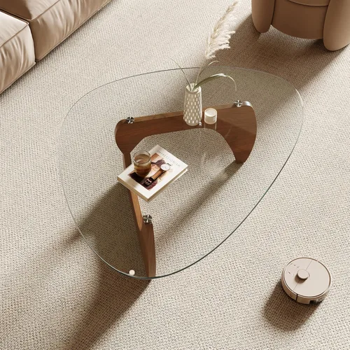 Miniatura 4 de Honyee Morden Mesa de centro, 42.5 x 28.5 x 16.1 pulgadas, parte superior triangular de vidrio templado para sala de estar, color: madera natural