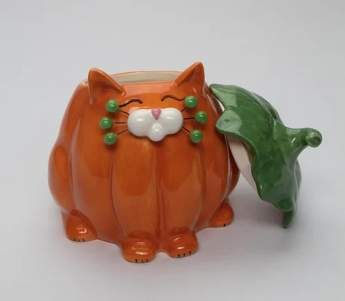 Miniatura 4 de Cosmos Gifts Caja de caramelos con diseño de gato y calabaza de cerámica fina, 14.9 cm H