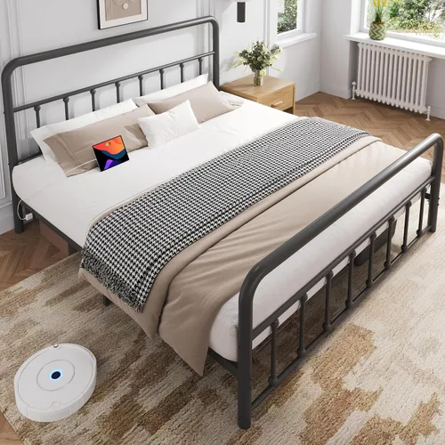 Miniatura 4 de Fluest Base de cama Queen con cabecero, estación de carga y luces LED, plataforma de metal con soporte de listones de acero, no necesita somier