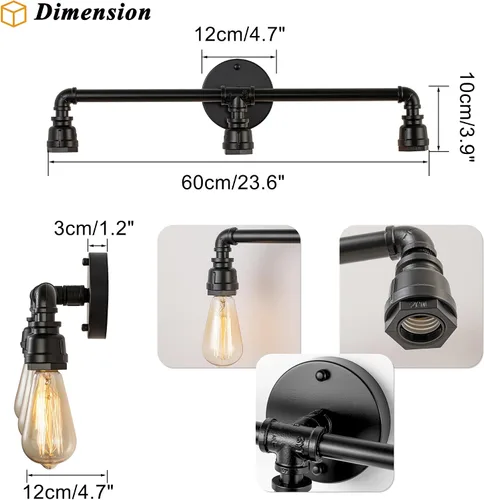 Miniatura 3 de Lámpara de tocador de baño, 3 luces de granja industrial de tubería de agua negra