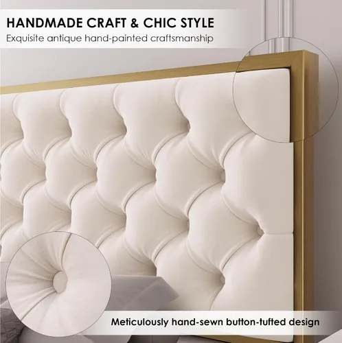 Miniatura 5 de HIFIT Marco de Cama Tapizada King con 4 Cajones de Almacenamiento y Cabecero Acolchado con Botones Hecho a Mano, Cama Plataforma de Almacenamiento