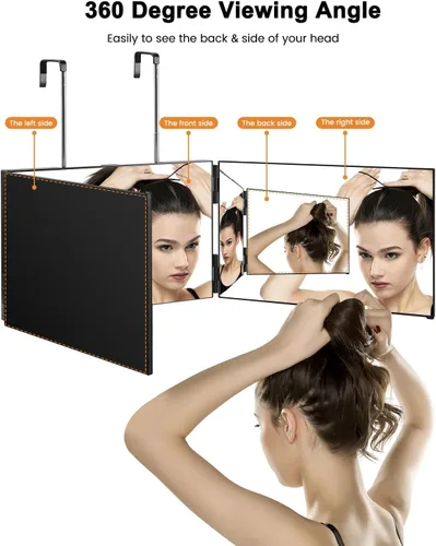 Miniatura 5 de Espejo de 3 vías, espejo 360 para corte de cabello, ajustable y plegable, espejo de peluquero triple con ganchos telescópicos, accesorios