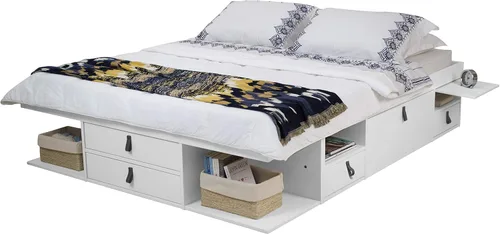 Miniatura 31 de Memomad Bali Slim Set: Plataforma de almacenamiento con cajones + Cabecero de panel plano (Tamaño completo, madera marrón roble)
