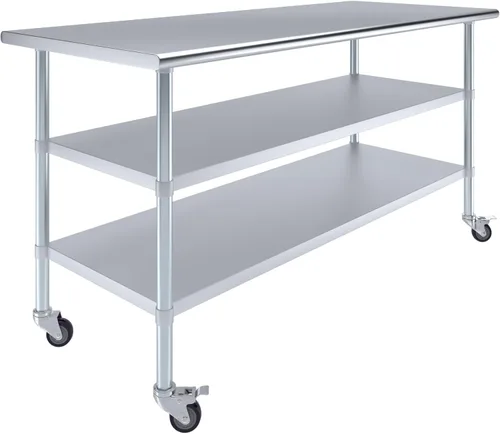 Miniatura 14 de AmGood Mesa de trabajo de acero inoxidable con 2 estantes y ruedas Mesa de trabajo de metal con ruedas