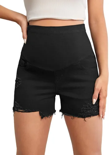 Verdusa Pantalones cortos de mezclilla de maternidad para mujer, cintura alta, rasgados, dobladillo sin procesar, pantalones cortos de embarazo