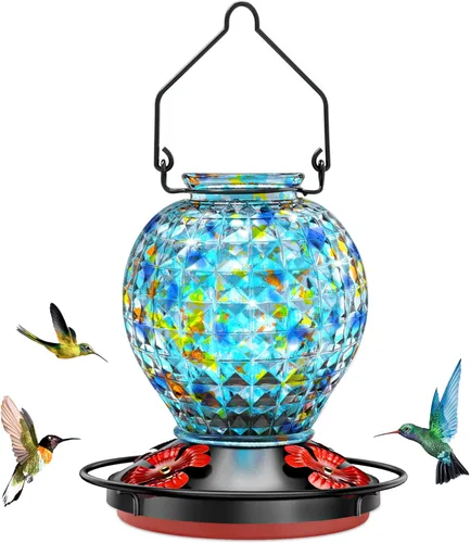Comedero para colibríes, comedero de vidrio para colibríes para exteriores, colores vibrantes que atraen colibríes, 18 onzas, botella con forma de