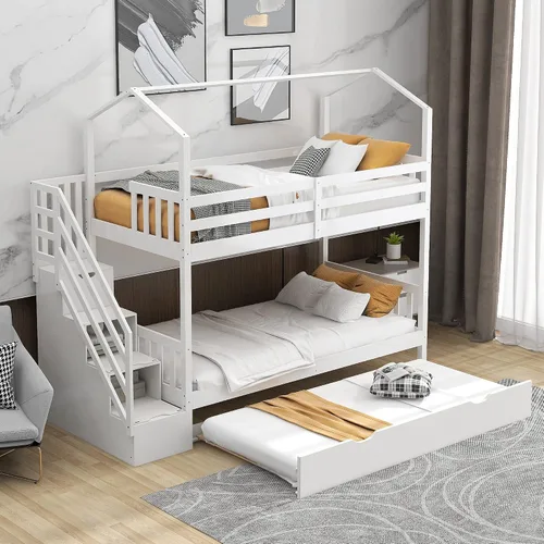Miniatura 10 de Actual Literas de casa con tobogán, litera de madera maciza individual sobre cama individual con escaleras, techo, barandillas, cama alta de madera