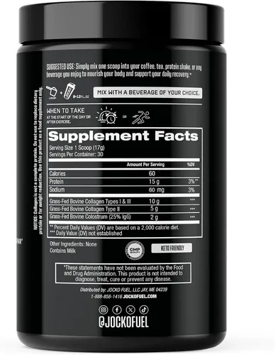 Miniatura 2 de Jocko Fuel Colágeno en polvo con calostro – 0.55 oz de colágeno hidrolizado + 0.07 oz de calostro de primer ordeño – Doble acción para la salud