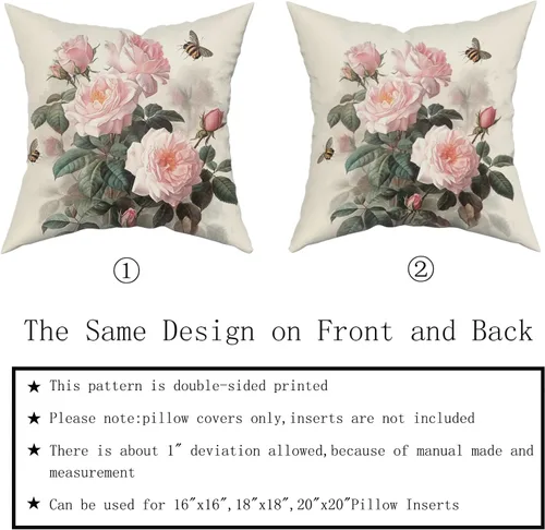 Miniatura 5 de Sweetshow Juego de 2 fundas de almohada con estampado floral de rosas rosadas de 18 x 18 pulgadas, diseño vintage de hojas y abejas, arte moderno