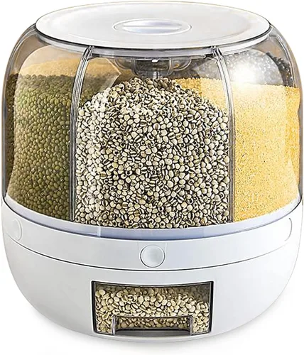 Dispensador de granos giratorio de 360°, caja de almacenamiento de dispensador de cereales de 6 rejillas, barril de alimentos secos de grano de 22