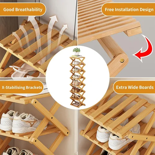 Miniatura 5 de YYW Zapatero de bambú para entrada, organizador vertical de almacenamiento de zapatos plegable y sin instalación, estantes para zapatos, estante
