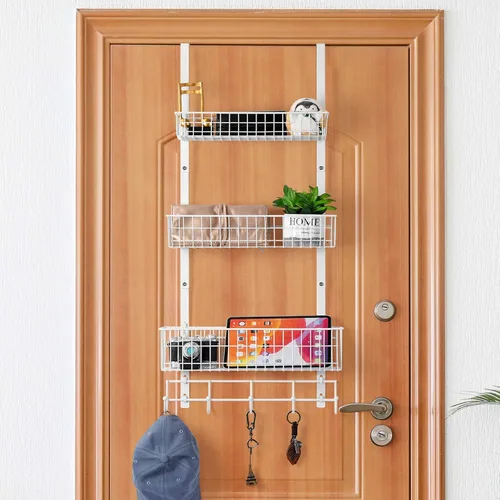 OYEAL Organizador de puerta de despensa blanca con ganchos, estantes traseros de puerta de metal de 3 niveles resistentes con 3 cestas para cocina,