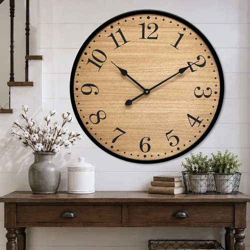 Miniatura 8 de Reloj de pared rústico para decoración de sala de estar, reloj de pared grande de 24 pulgadas con cara de madera marrón oscuro y marco de metal