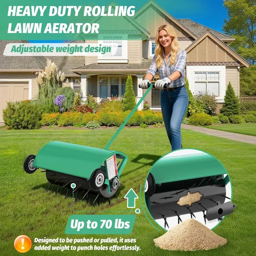 Miniatura 2 de Aireador de césped rodante de 24 pulgadas, herramienta de aireación manual resistente, hasta 70 libras, herramienta de aireación de picos de empuje