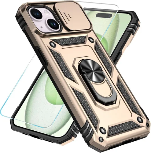 Miniatura 21 de SunStory Funda compatible con iPhone 15 con protector de pantalla HD, cubierta de cámara deslizante y soporte de anillo giratorio, [grado militar]