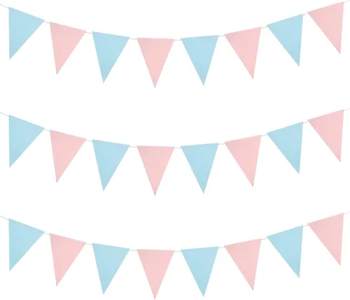 Miniatura 3 de Mefuny Banderín de revelación de género de 30 pies, 48 unidades, color azul claro y rosa, banderas triangulares de papel para decoración para baby