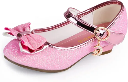 TANDEFLY Zapatos de vestir para niñas, Mary Jane, boda, fiesta, talón, lazo con purpurina, zapatos de princesa con flores para niños pequeños