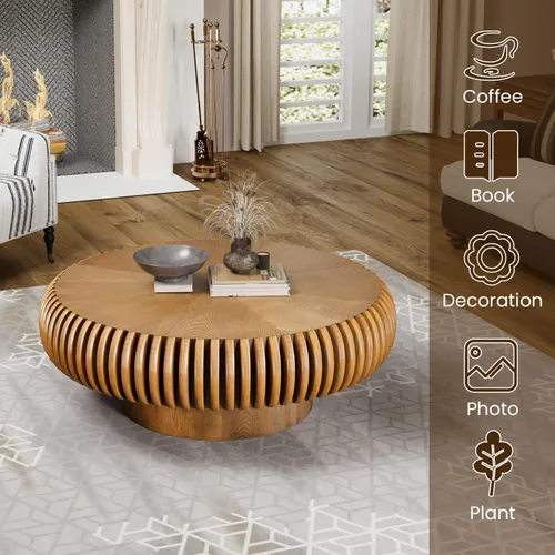 Miniatura 6 de Mesa de centro de tambor de 31.5 pulgadas, moderna y única, mesa de té acanalada, mesa de centro redonda de madera contemporánea con mesa central