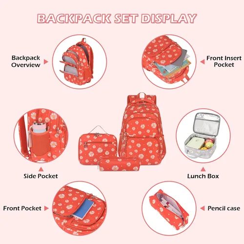 Miniatura 19 de goldwheat Mochilas impresas margaritas con paquete de almuerzo, estuche de lápices 3pcs, bolsa ligera resistente al agua para la escuela secundaria
