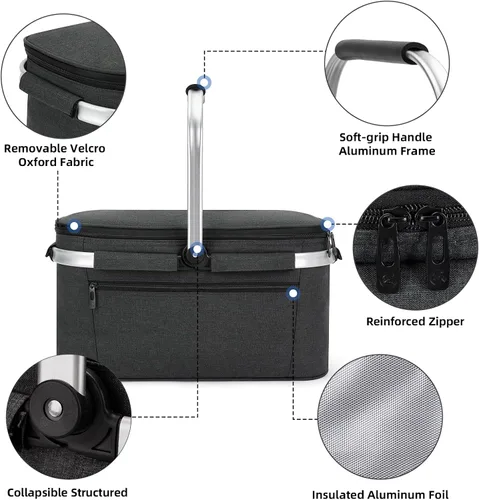 Miniatura 2 de ALLCAMP Cesta de pícnic, 2 cajas de hielo incluidas con enfriador aislado de 32 litros, cesta de picnic plegable gruesa con cestas extraíbles