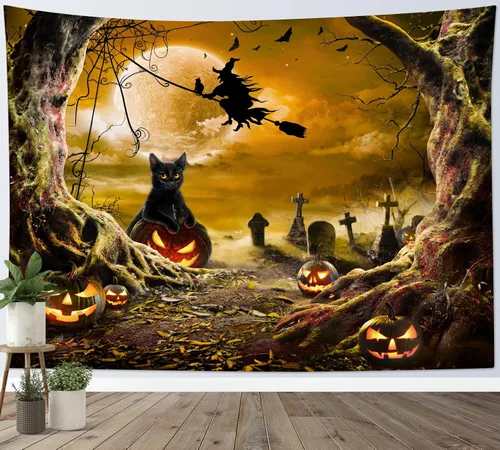 Miniatura 7 de LB Tapiz espeluznante de cementerio de Halloween, lápida aterradora con árboles muertos, tapiz de bosque para colgar en la pared, tapiz de fondo
