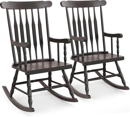 Tangkula Mecedora para patio de madera de goma maciza, silla mecedora de porche al aire libre con marco de madera de goma, mecedora de madera para
