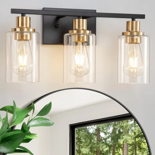 Miniatura 9 de Lámparas de pared doradas para baño de latón cepillado, lámparas de pared modernas de 3 luces con apliques de vidrio transparente, lámpara de pared