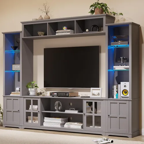 Miniatura 15 de MEISSALIVVE Mueble de pared con almacenamiento y luces LED, gran centro de entretenimiento con estanterías para televisores de hasta 70 pulgadas