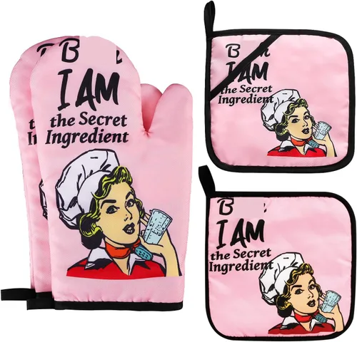 Juegos de guantes de horno divertidos y soportes para ollas antideslizantes para cocinar, barbacoa, parrilla con acolchado, guantes resistentes al