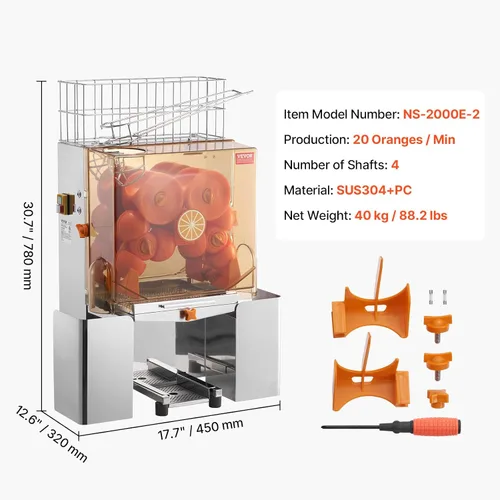 Miniatura 7 de VEVOR Exprimidor de naranja comercial, extractor de jugo automático de 120W, exprimidor de naranja de acero inoxidable para 20 naranjas por minuto